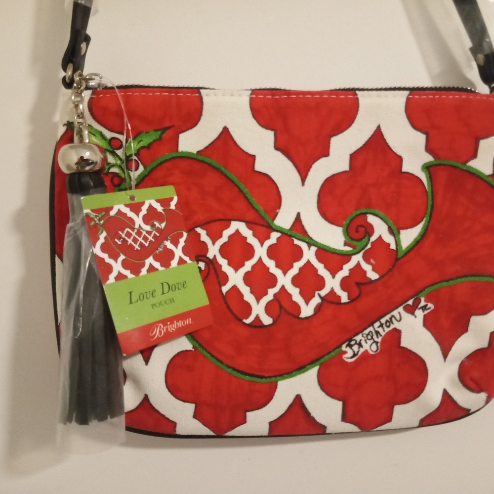 Brighton Canvas Red Bird Canvas Crossbody Bag with Leather Accents 10"Lx7"Wx7"H